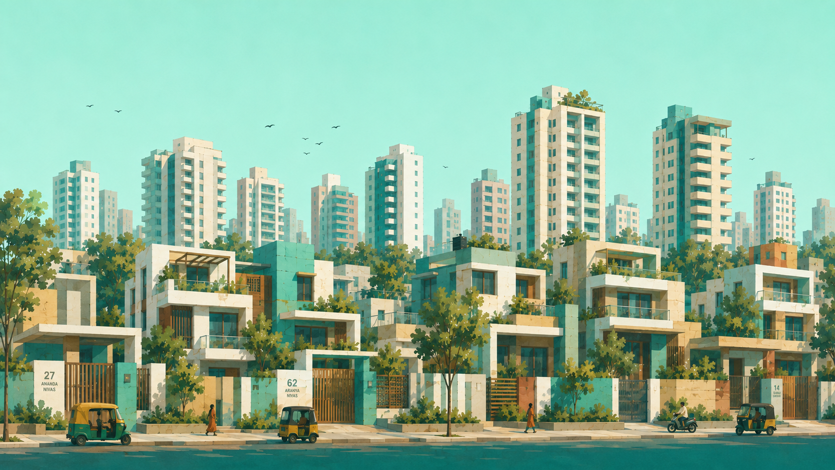 Illustration of an Indian city skyline with low-rise homes and apartment towers